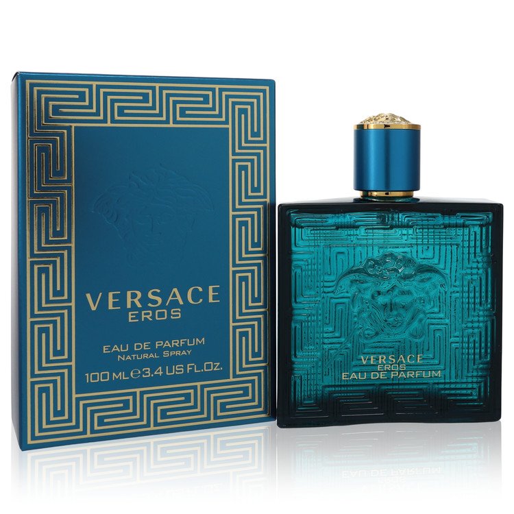 Versace Eros eau de parfum spray bottle with matching blue patterned box