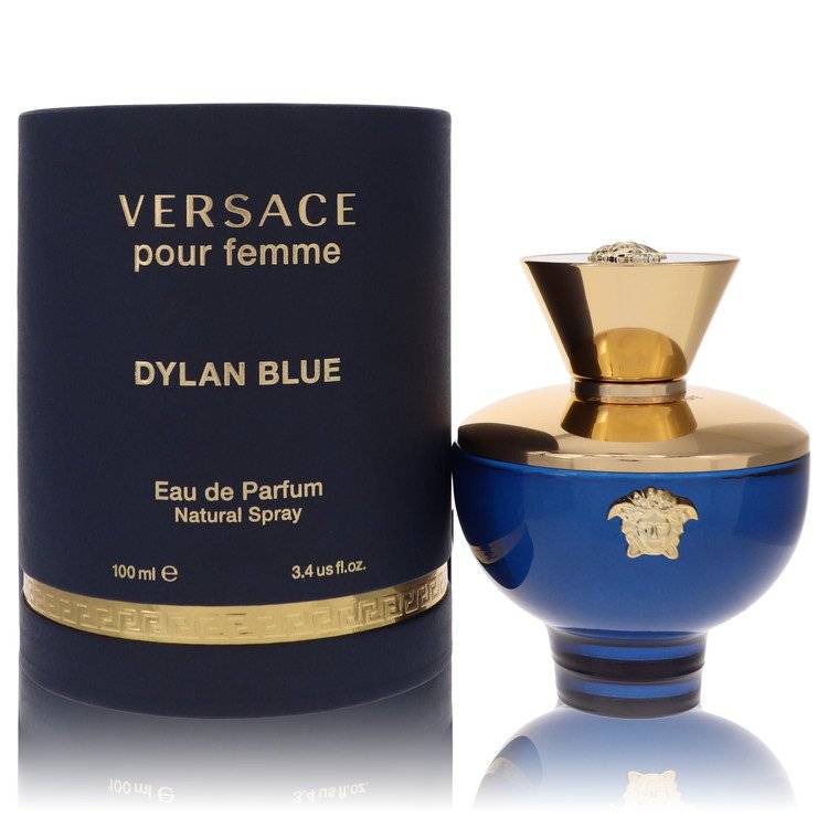 Versace Dylan Blue Eau de Parfum spray bottle and box, blue glass with gold cap