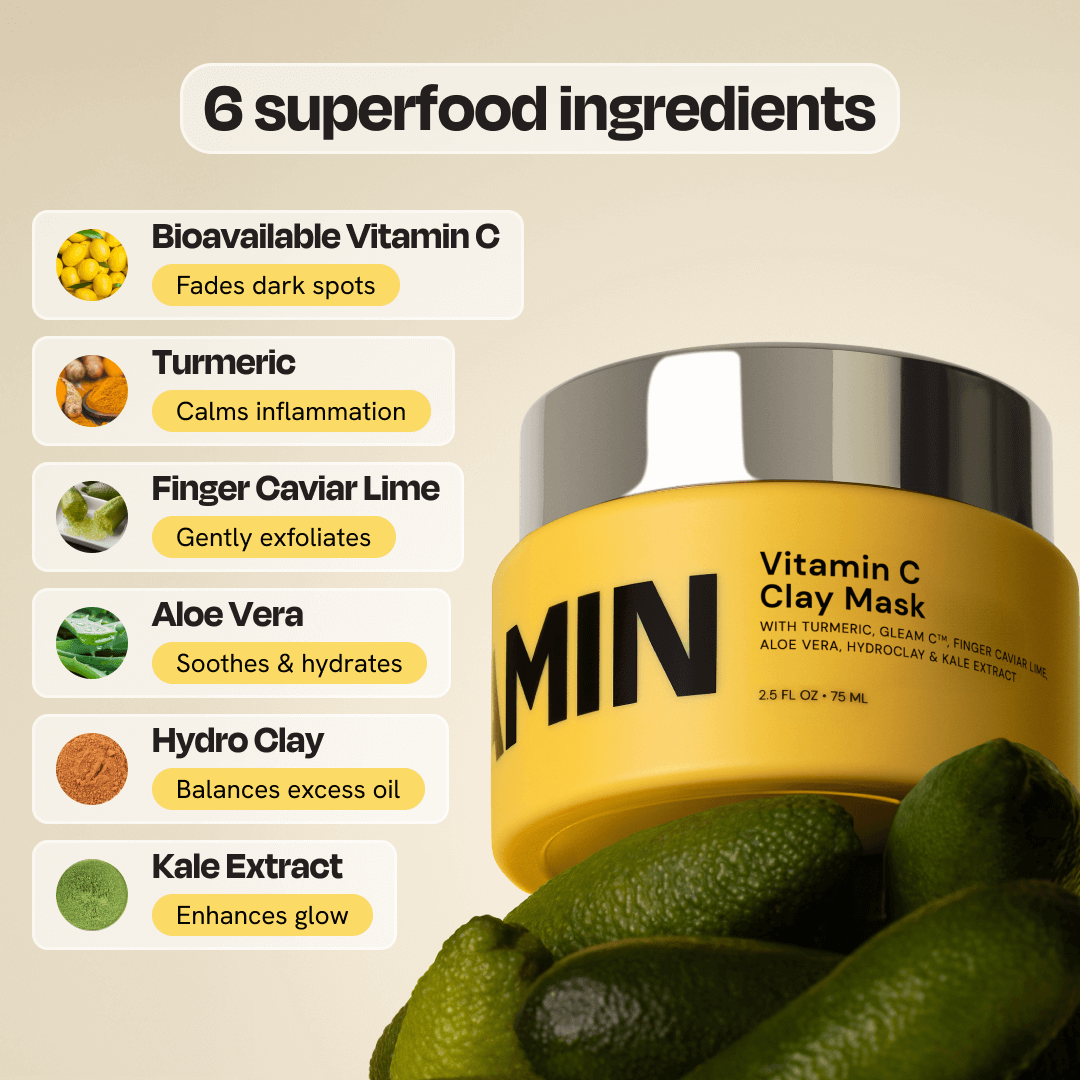 Vitamin C clay mask jar beside green citrus pieces and ingredient icons