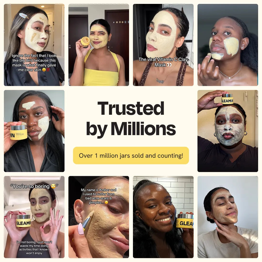 Vitamin C clay mask in use on face; jar and applicator brush shown in photos