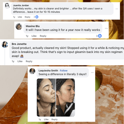 Customer review collage showing face skincare results and mask residue