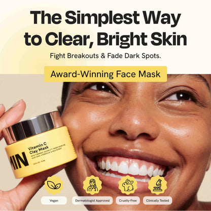 Yellow face mask jar with silver lid, beige clay mask texture shown