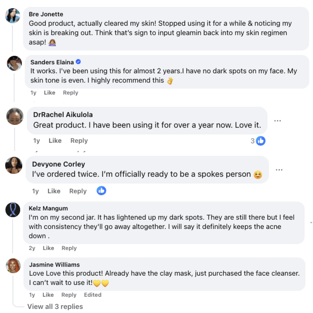 Customer review comments for Vitamin C clay mask shown in text bubbles