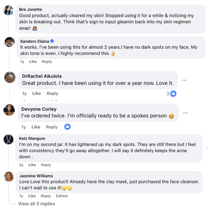Customer review comments for Vitamin C clay mask shown in text bubbles