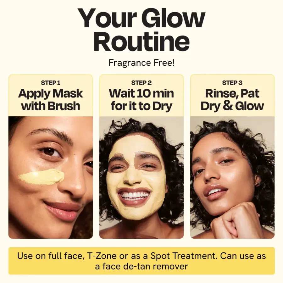 Beige face mask layer on cheek beside yellow clay mask jar