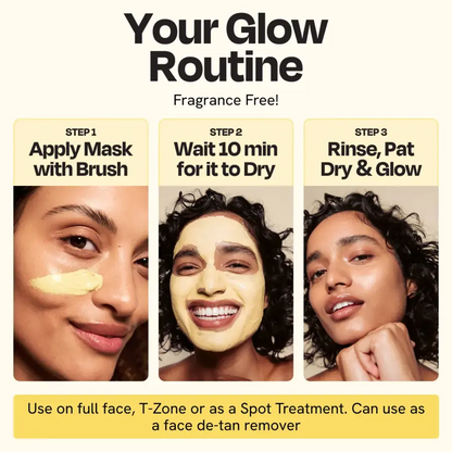Beige face mask layer on cheek beside yellow clay mask jar