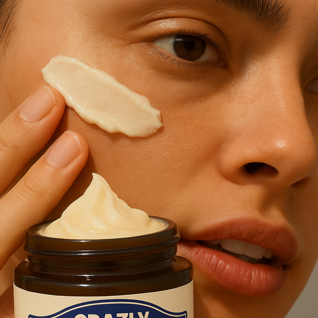 Whipped bison tallow balm applied to skin with jar open