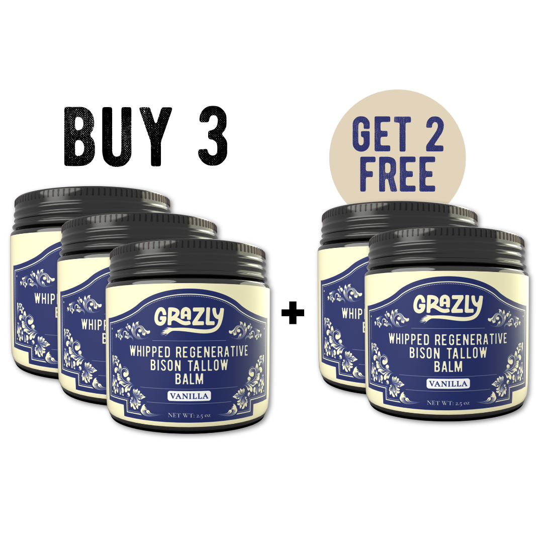 Whipped bison tallow balm jars, Vanilla scent, Get 2 Free promo.
