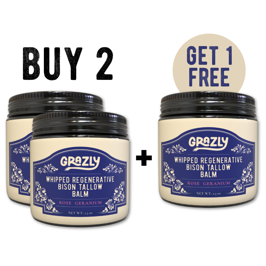 Whipped bison tallow balm jar, Rose Geranium scent, Get 1 Free promo.