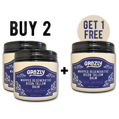 Whipped bison tallow balm jar, Rose Geranium scent, Get 1 Free promo.