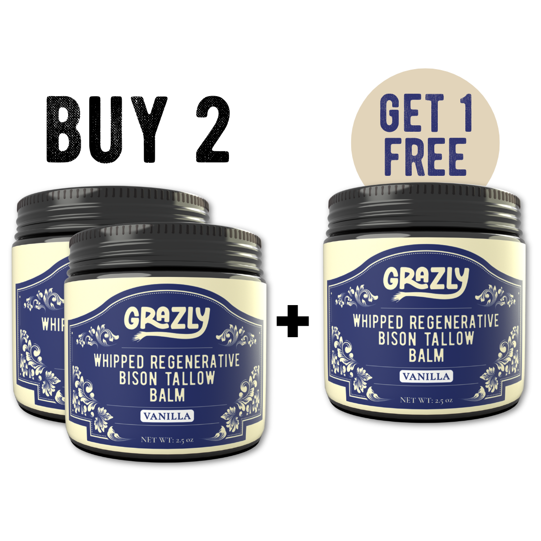 Whipped bison tallow balm jar, Vanilla scent, Get 1 Free promo.