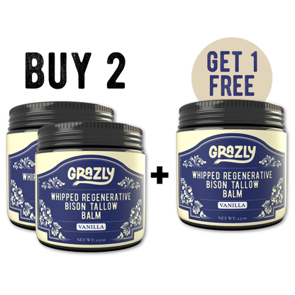 Whipped bison tallow balm jar, Vanilla scent, Get 1 Free promo.