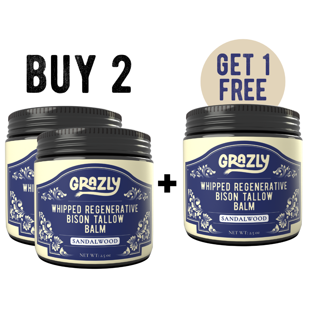 Whipped regenerative bison tallow balm jars with lids, Sandalwood scent, Get 1 Free