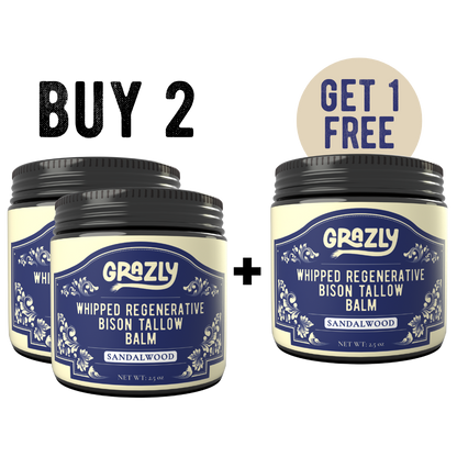 Whipped regenerative bison tallow balm jars with lids, Sandalwood scent, Get 1 Free