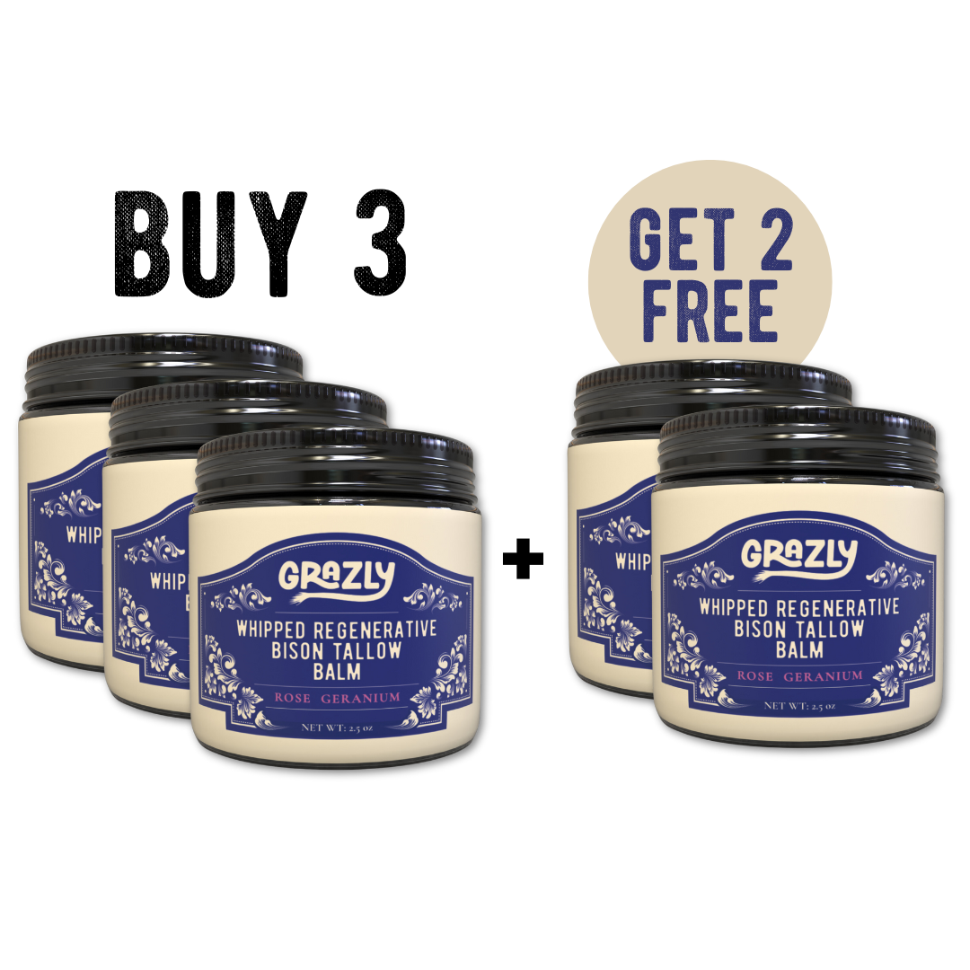 Whipped bison tallow balm jars, Rose Geranium scent, Get 2 Free promo.