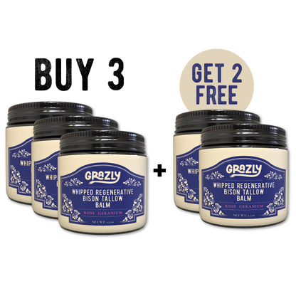 Whipped bison tallow balm jars, Rose Geranium scent, Get 2 Free promo.