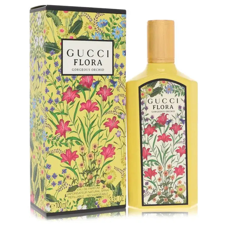Refillable eau de parfum set with Gucci Flora Gorgeous Orchid box and spray bottle